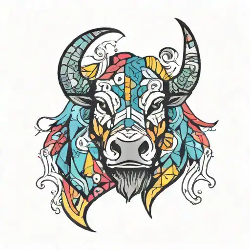 A new-school design of an ox head with geometric shapes and vibrant colors, showcasing the client's favorite thing in a modern style tattoo design idea