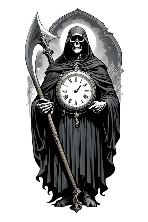 grim reaper standing and holding a scythe and looking at a clock tattoo design idea