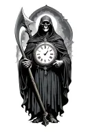 grim reaper standing and holding a scythe and looking at a clock tattoo design idea