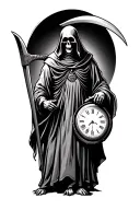 grim reaper standing and holding a scythe and looking at a clock tattoo design idea