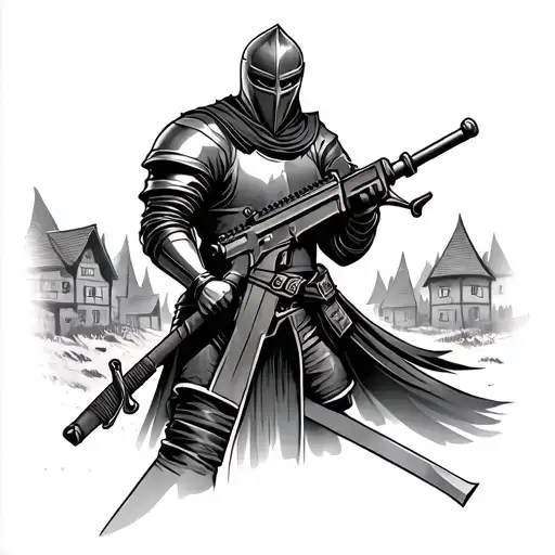 A Knight with an ski mask and a sword in his left arm and a assault rifle in his right hand, background is an village tattoo design idea