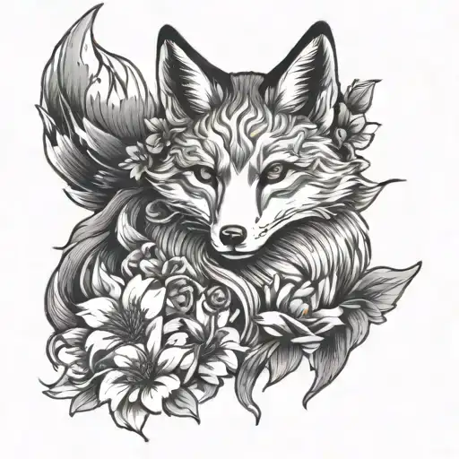 kitsune with flowers  tattoo design idea