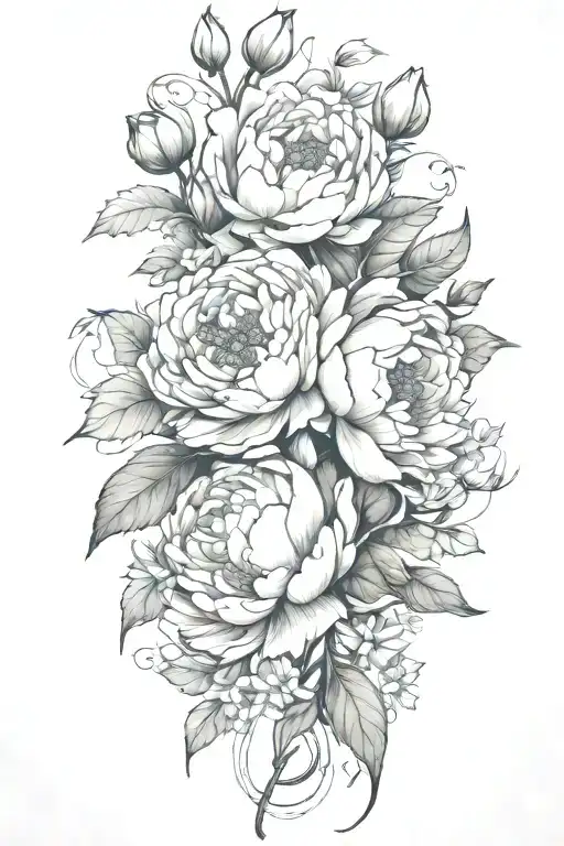 peony, daisy, lotus, rose, myosotis, simple, vine wrapping tattoo design idea
