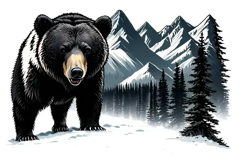 mountain range and bear silhouette and alaska tattoo design idea