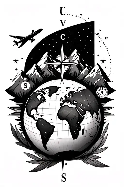 tattoo design white and black featuring compass, mountain, earth globe, world map, and airplane elements symbolizes a pa tattoo design idea