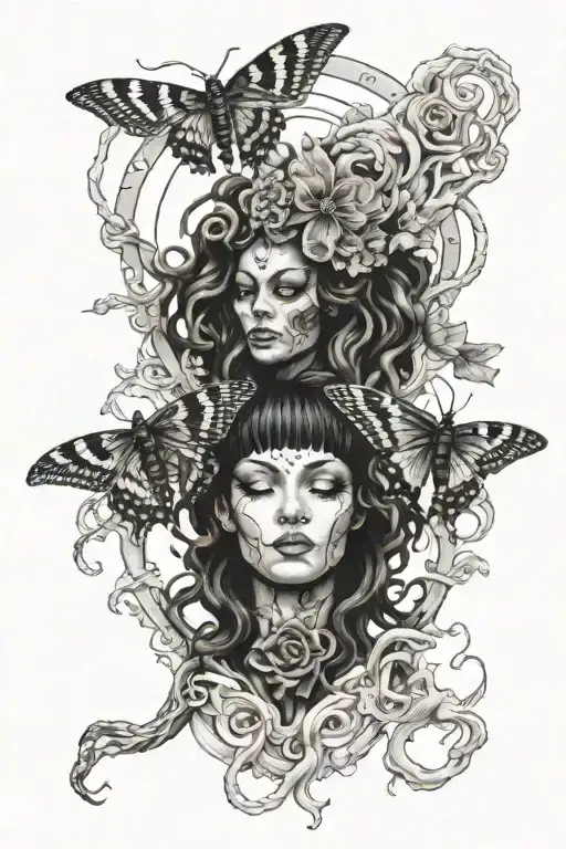 Medusa, death moth with a wiccan holding the overthinker and karma tarot cards, split personality demon Sleeve tattoo design idea