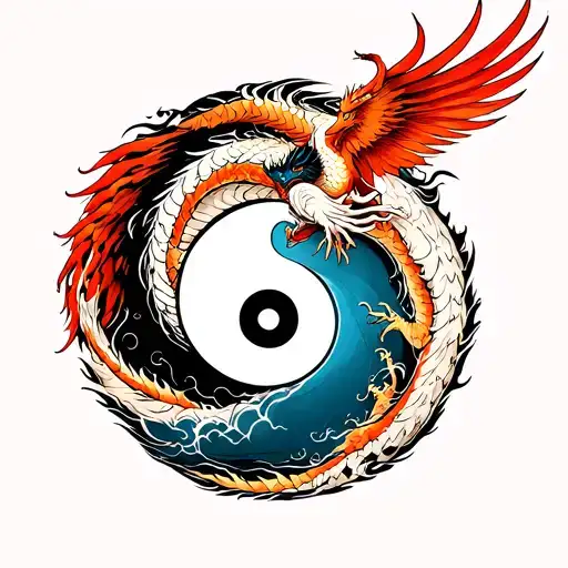 phoenix and dragon flying around a yin and yang symbol tattoo design idea