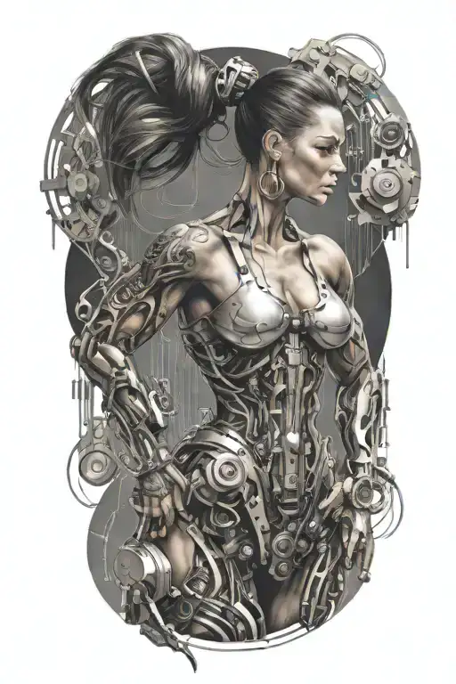 bodybuilder muscular women with technology circuits merging tattoo design idea