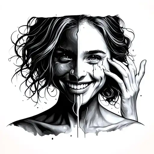 woman with one half of her face smiling with a tear running down, the other half shes tearing apart with her hands tattoo design idea