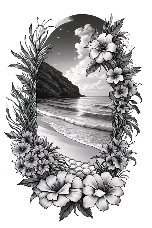 full arm sleeve with the beach, flowers and honey combs surrounding XII-XIII-MMX tattoo design idea