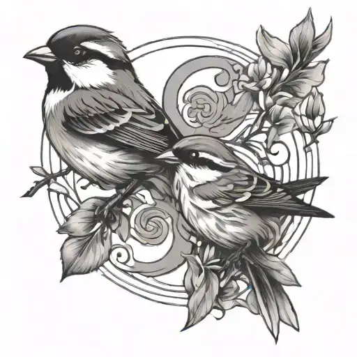 2 sparrows in the shape of ying and yang (one sparrow lined out in white, other black) tattoo design idea