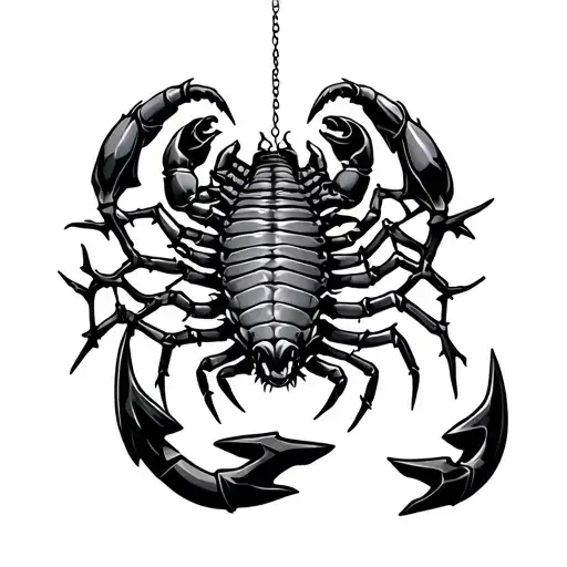 A scorpion above two crowns of rose thorns, with an anchor connecting them. tattoo design idea