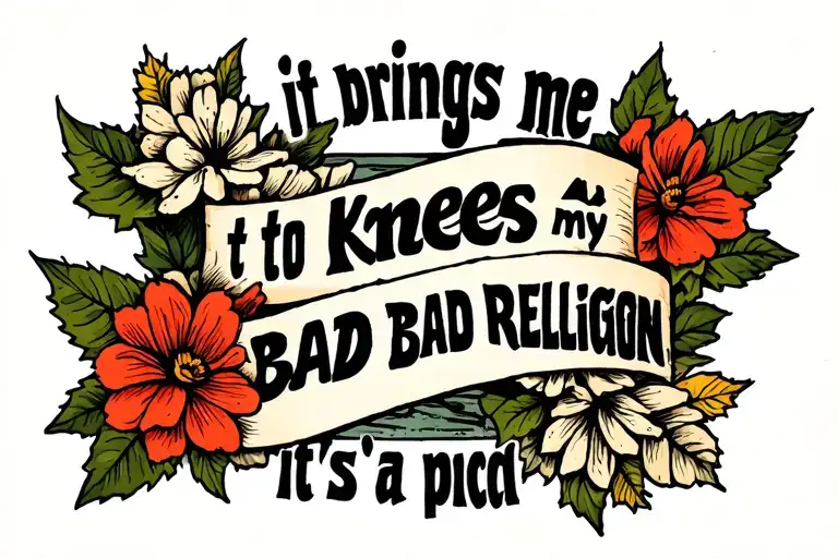 "if it brings me to my knees it's a bad religion" with leaves and flowers around it, minimalist  tattoo design idea