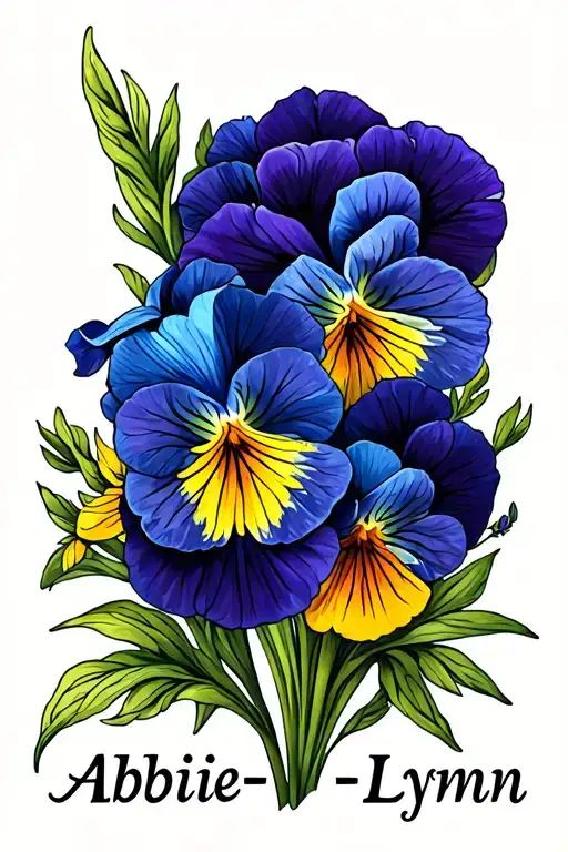 pansies, iris flower surrounding the name Abbie-Lynn tattoo design idea