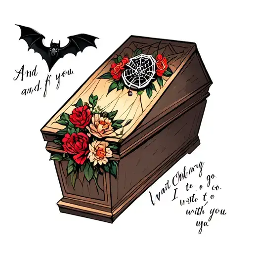 coffin and the writing "And if you go, I want to go with you." Add flowers, a bat, spider webs and a wedding ring set tattoo design idea