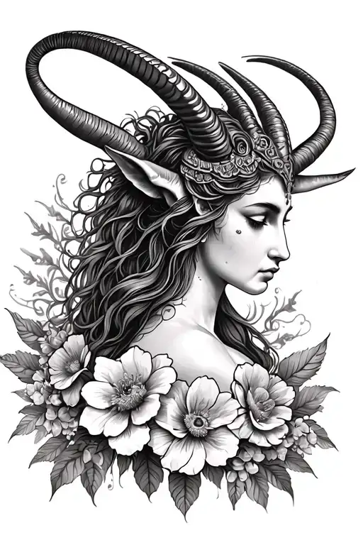 Capricorn Goddess surrounded by flowers tattoo design idea