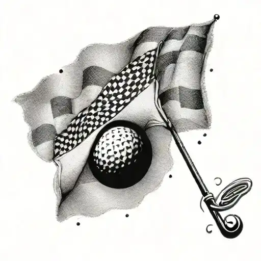 A dotwork tattoo of a golf flag with a Chevrolet logo flying on a windy August day, symbolizing the client's favorite things in one unique design tattoo design idea