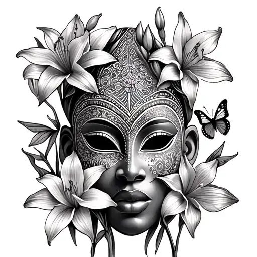 african mask surrounded by amaryllis flowers and butterflies tattoo design idea