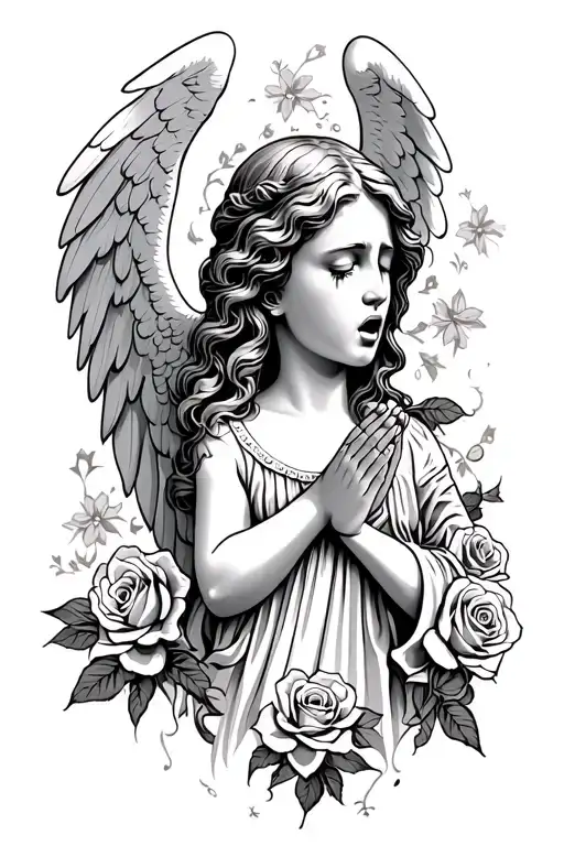 angel praying and crying with roses tattoo design idea
