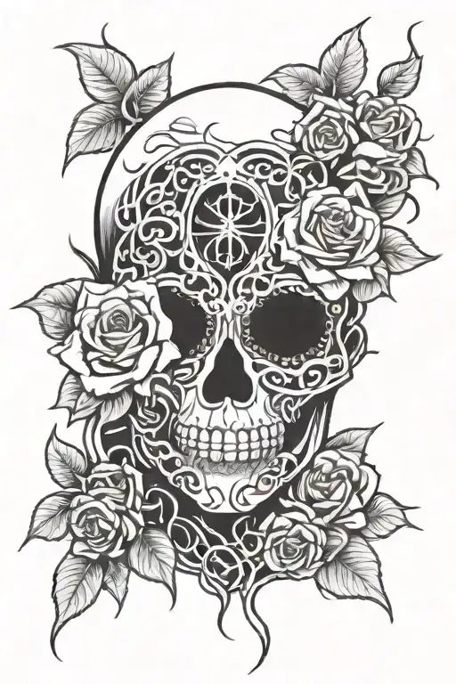 ghost face with roses intertwined representing tattoo design idea