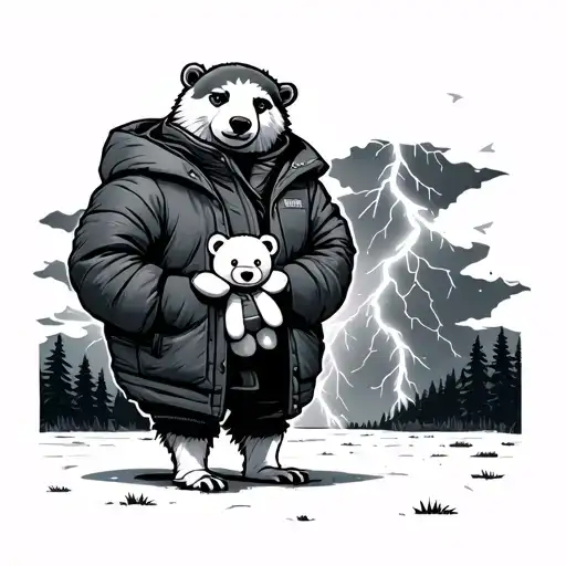 A standing parka with a storm and lightning in the background, holding a teddy bear in its hands. tattoo design idea