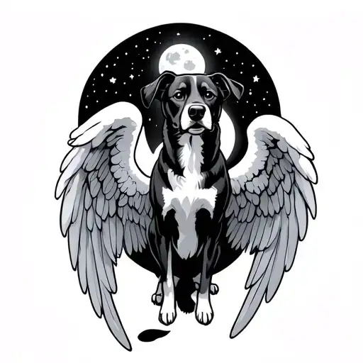 moon, dog angel wings surrounding tattoo design idea