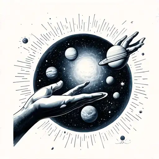 Galaxy themed solar system with reaching hands reaching tattoo design idea