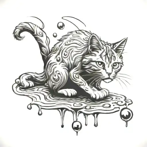 Arwen the longhair cat playing with pinball in the rain tattoo design idea
