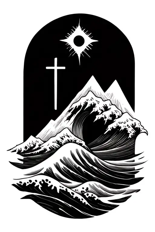 outline of simple wave with a mountain, southern cross and a cross incorporated  tattoo design idea