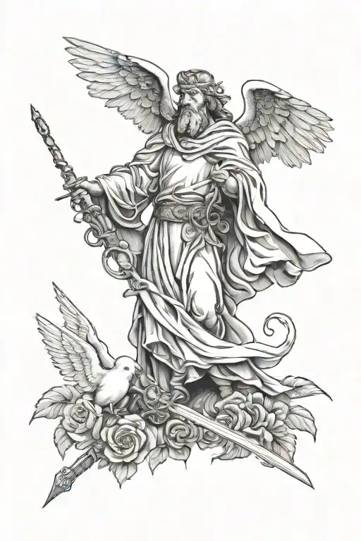 St micahel the archangle with a fire sword poiting dow, two flying doves resembling lost ones, few small clouds, a rose tattoo design idea