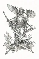 St micahel the archangle with a fire sword poiting dow, two flying doves resembling lost ones, few small clouds, a rose tattoo design idea