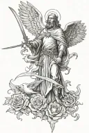 St micahel the archangle with a fire sword poiting dow, two flying doves resembling lost ones, few small clouds, a rose tattoo design idea