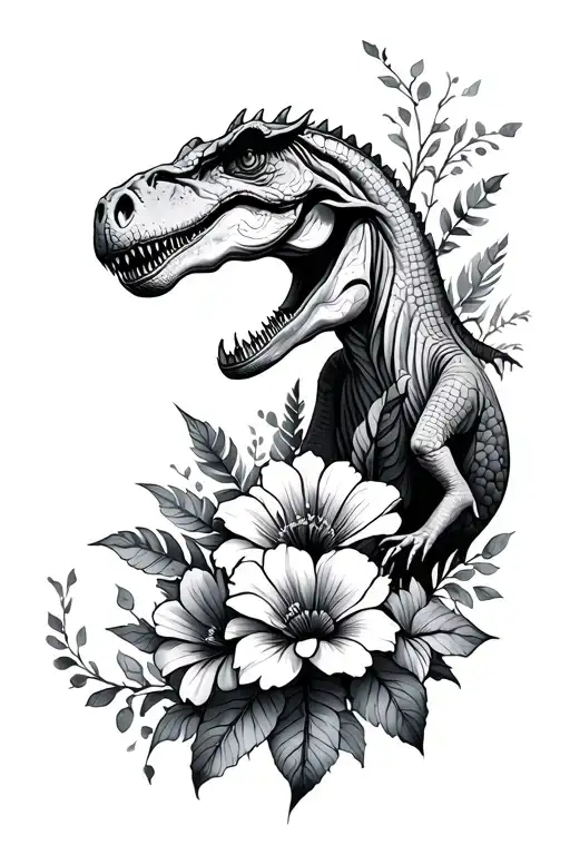 Line tatto with flowers, dinosaurs and philosophy  tattoo design idea