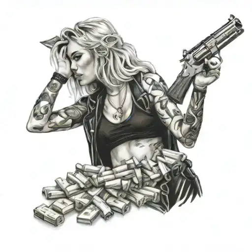 hot girl with background of guns money drugs roses tattoo design idea