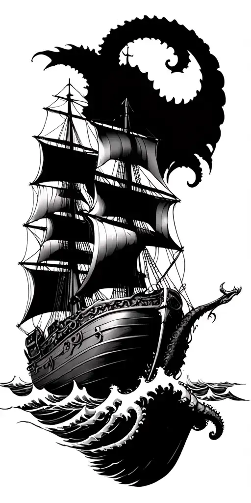 ship being attacked by kraken ocean waves treasure chest tattoo design idea