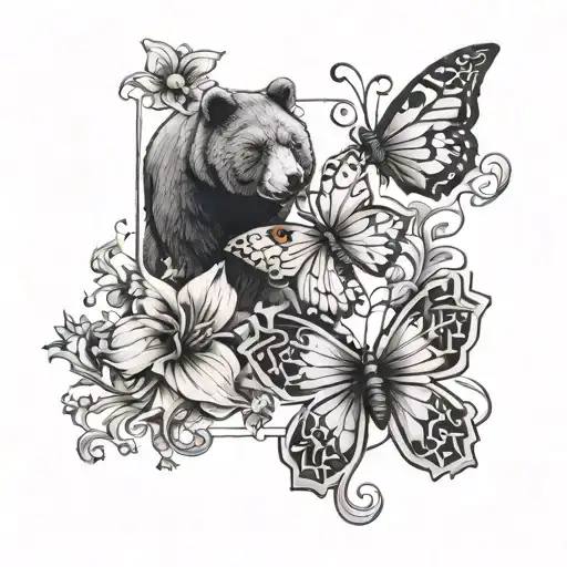 Jigsaw piece with 2 butterflies flying out of it. On the jigsaw piece is a sun, a bear, a lily, and a snowflake tattoo design idea