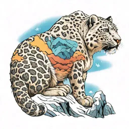 Snow leopard with mountains and a few other related animals tattoo design idea