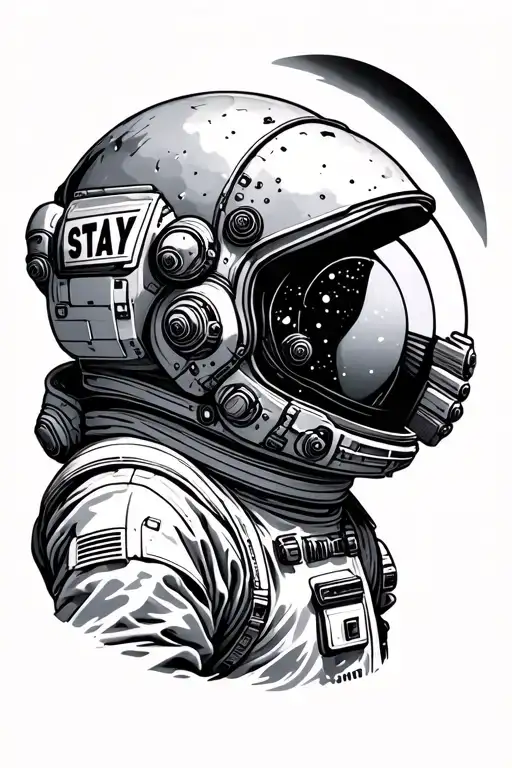 interstellar astronaut with the words STAY inside his helmet tattoo design idea