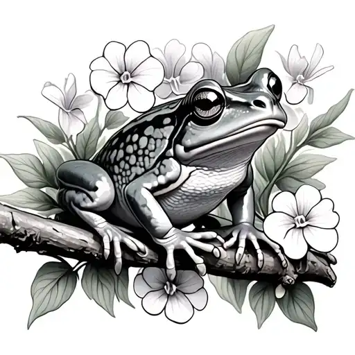 frog on branch surrounded by violets and primroses  tattoo design idea