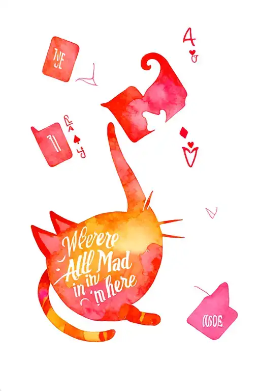 Cheshire Cat playing cards floating whimsical design with were all mad in here quote tattoo design idea
