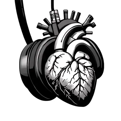 headphones with anatomically correct heart in between pads and a small man hanging from the aux cord tattoo design idea
