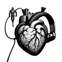 headphones with anatomically correct heart in between pads and a small man hanging from the aux cord tattoo design idea