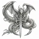 wide dragons wings with a sword intertwined tattoo design idea