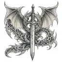 wide dragons wings with a sword intertwined tattoo design idea