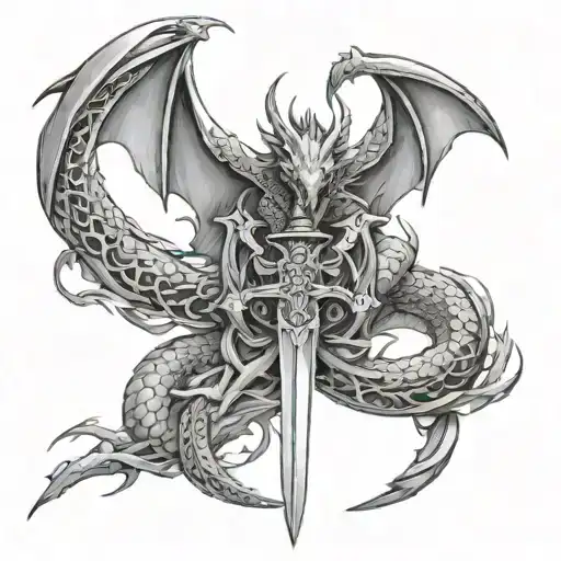 wide dragons wings with a sword intertwined tattoo design idea