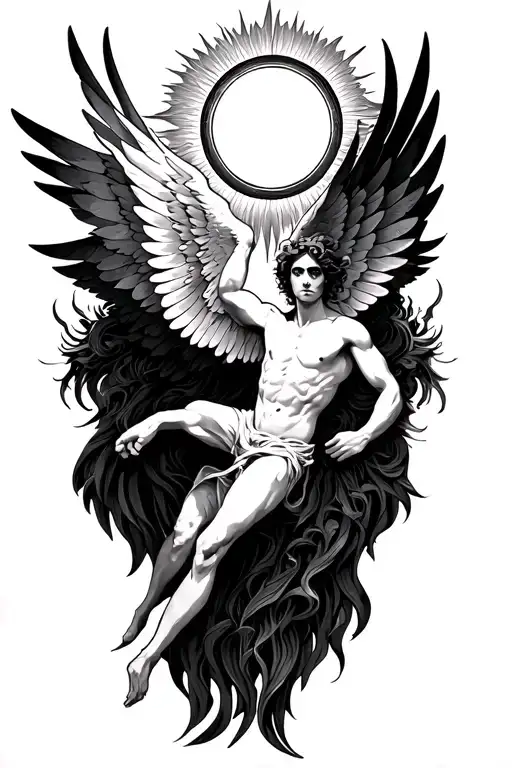 Icarus falling, but unique tattoo design with not too much detail with lines and the sun  tattoo design idea