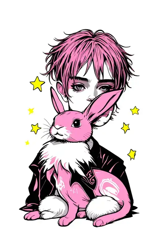 lil peep and he pink bunny with yellow stars forming tattoo design idea