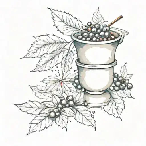 A mortar with bay leaves and berries in watercolour sketch with imaginary lines and dots tattoo design idea