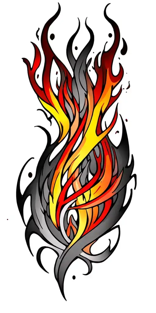 tribal patterns in long flame like structure with a few  colours from light yellow to red  tattoo design idea