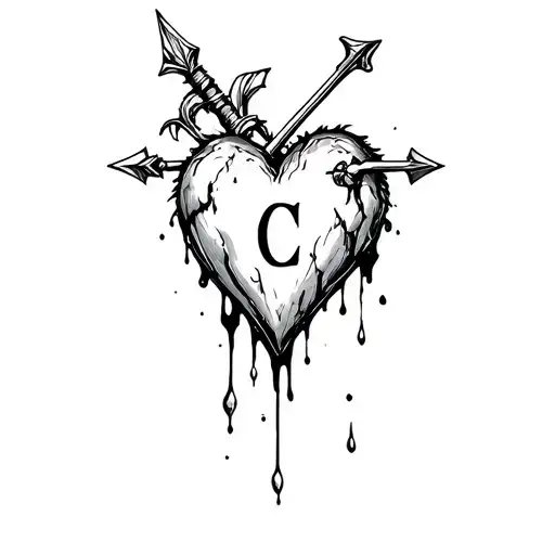 tainted sorrow, heart with arrow or dagger or sword, bleeding, have the initials C in the middle tattoo design idea